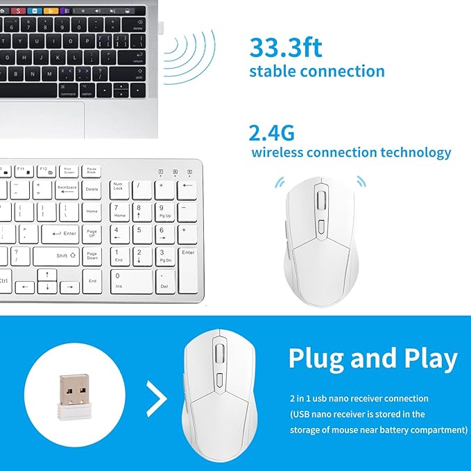 Wireless Keyboard Mouse Combo ;Compact Design with Number Pad, Rechargeable, Quiet, 2.4 GHz USB Receiver, Slim Keyboard and Ergonomic Mice Set for Windows Computer Desktop PC Laptop -Silver White