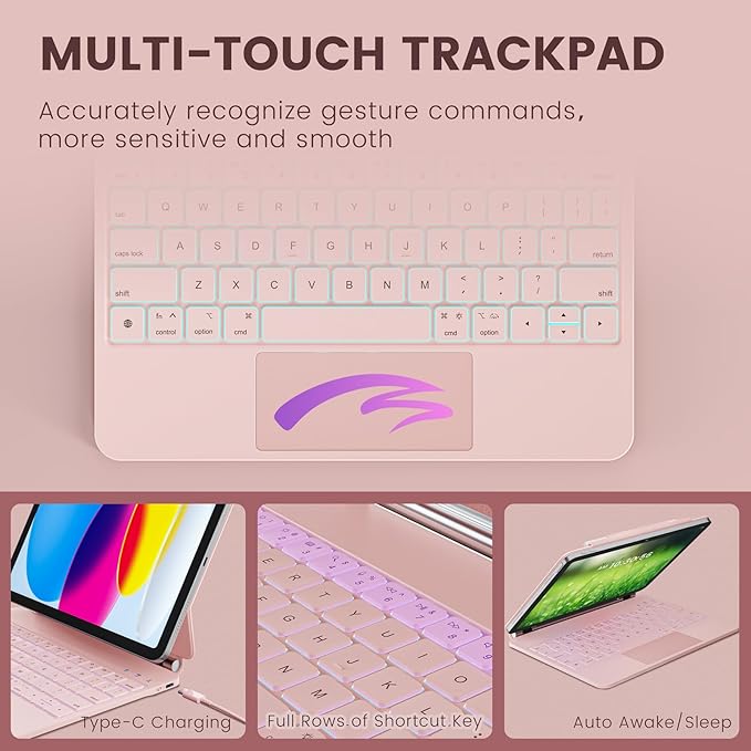 for iPad 11th(A16, 2025)/10th Generation Case with Keyboard, Magic Keyboard 2022, Springy Backlit Keys, Stain-Resistant Surface, Multi-Touch Trackpad,Pink
