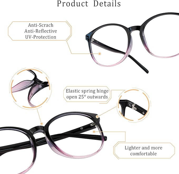 LifeArt Round Blue Light Blocking Glasses, Computer Glasses, Gaming Glasses, TV Glasses for Women Men (Black Purple, 2.75 Magnification)