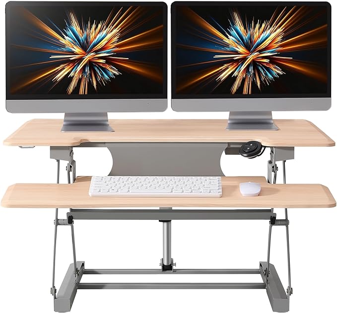 40 Inch Standing Desk Converter, 12-Position Adjustable Height Computer Desk Converter, Ergonomic for Use in Home Offices and Computer Workstations，Light Wood