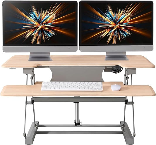 40 Inch Standing Desk Converter, 12-Position Adjustable Height Computer Desk Converter, Ergonomic for Use in Home Offices and Computer Workstations，Light Wood
