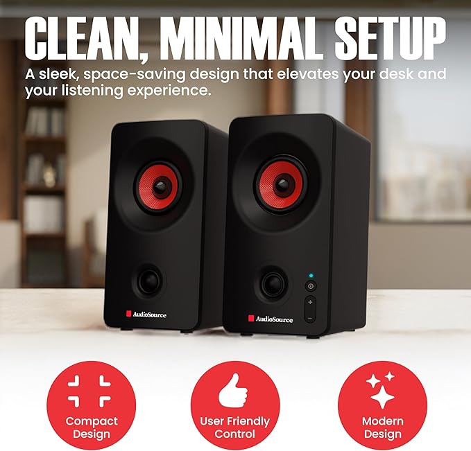 Audiosource Desktop PC Speakers with Bluetooth 5.3, USB-C Plug & Play, 2.0 Stereo Computer Speakers with Dual 2" Drivers, AUX Input, LED Indicator, Compact Design for PC, Laptop & Home Office (Black)