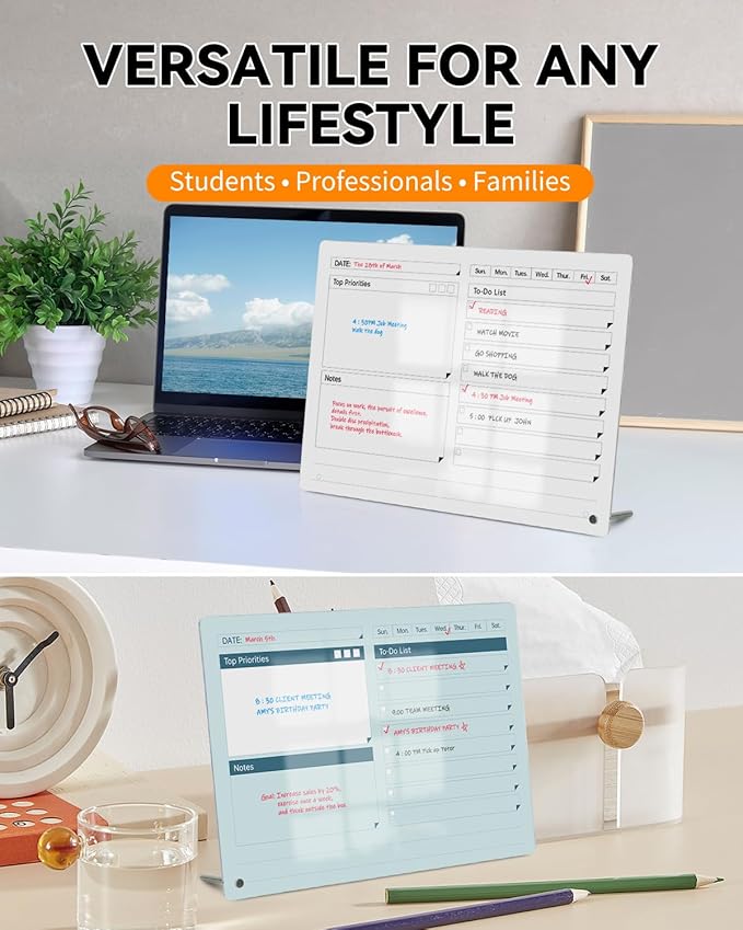 Acrylic Dry Erase to-Do List Board with Top Priorities Notes, 9x13 Desktop Whiteboard Planner with Stand, Clear Acrylic Task Organizer for Office/Home/School, Includes 3 Dry Erase Markers (Blue)