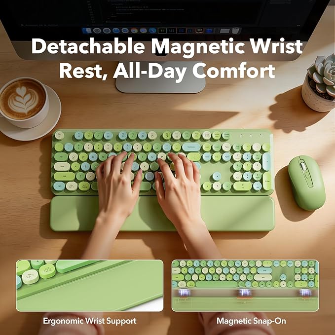 Wireless Keyboard and Mouse Combo with Detachable Magnetic Wrist Rest, Retro Typewriter-Style Keyboard, Round Keycaps, 3-Level DPI Ergonomic Mouse, 2.4GHz for Windows PC/Laptop (Sage Green Mix)