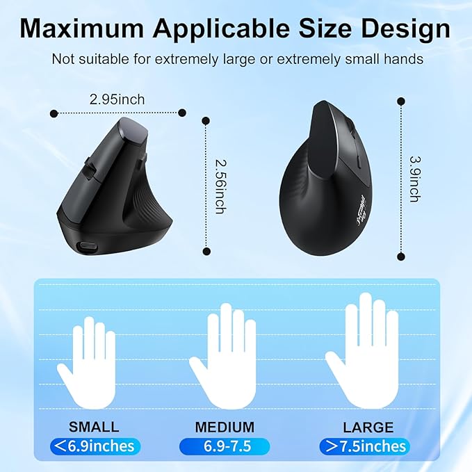 Ergonomic Bluetooth Mouse, Wireless Rechargeable Vertical Mouse for Carpal Tunnel with USBC & BT 5.0/3.0 & 2.4G Connect, Silent, Easy to use, 6 Buttons for Laptop PC MacBook Desktop Computer