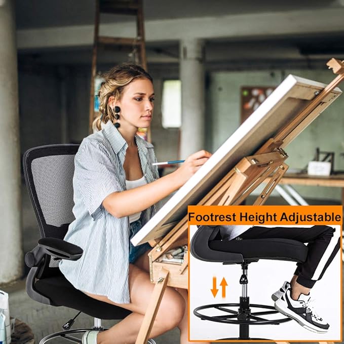 BestOffice Drafting Chair Tall Office Chair Adjustable Height with Lumbar Support Flip Up Arms Footrest Mid Back Task Mesh Desk Chair Computer Chair Drafting Stool for Standing Desk, Black