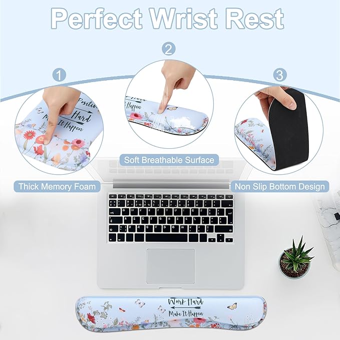 MEGREZ 4-in-1 Ergonomic Memory Foam Wrist Rest Set, Desk Pad, Mouse Pad with Wrist Rest, Keyboard Pad, Suitable for Office Workers, Programmers & Gamers–Relieve Typing & Gaming Fatigue, Light Blue