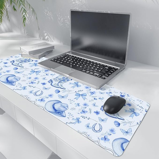 Light Blue Western Desk Mat,Cowgirl Mouse Pad,Blue And White Floral Large Mouse Pad,Western Desk Accessories for Dorm Office Decor, 31.5x11.8 Inch