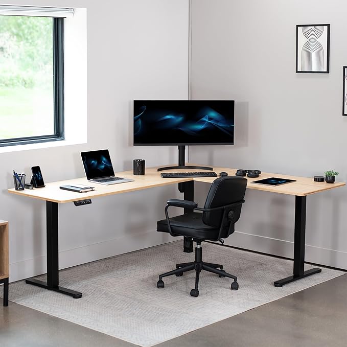 VIVO Corner Standing Desk, 75 x 63 inch Reversible L-Shaped Workstation, Electric Height Adjustment, Home, Office, and Reception Rooms, Real Bamboo Table Top Black Frame, DESK-E3CTBO-75