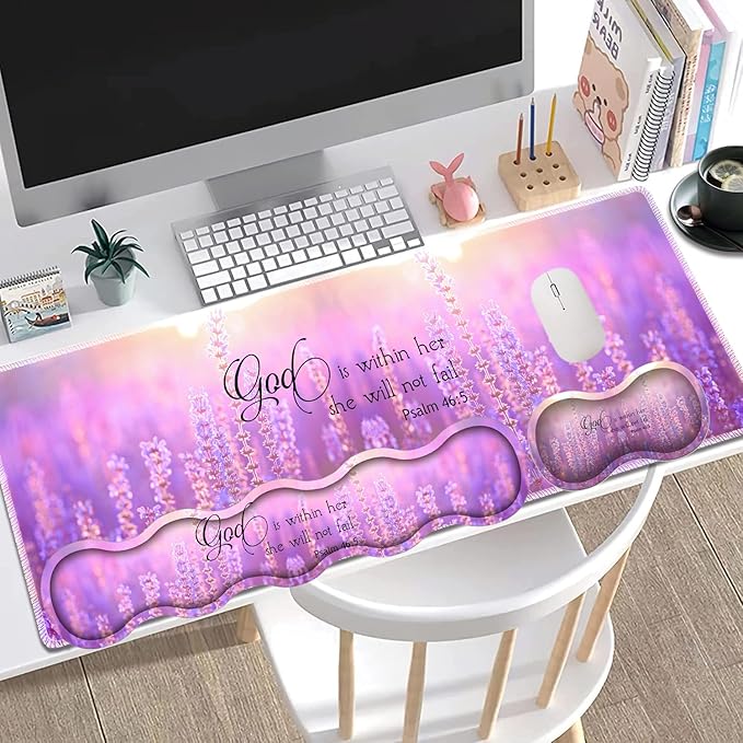 Large Gaming Mouse Pad + Keyboard Wrist Rest + Wrist Support + Coaster Set, Memory Foam Ergonomic for Easy Typing, XXL Extended Gaming Mouse Pad Table Pad - Quote Bible Verse Psalm 46:5