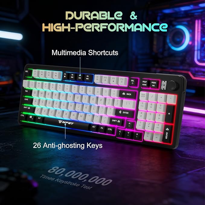 NPET Wired Keyboard and Mouse Combo, 98 Keys Mechanical Feel Quiet Membrane Keyboard with Knob, Double-Shot Keycaps, Spill-Resistant, 26-Key Rollover, RGB Backlight for PC/Mac Gamers