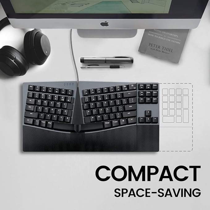 Perixx PERIBOARD-335BR Wired Ergonomic Mechanical Compact Keyboard - Low-Profile Brown Tactile Switches - Programmable Feature with Macro Keys - Compatible with Windows and Mac OS X - US English
