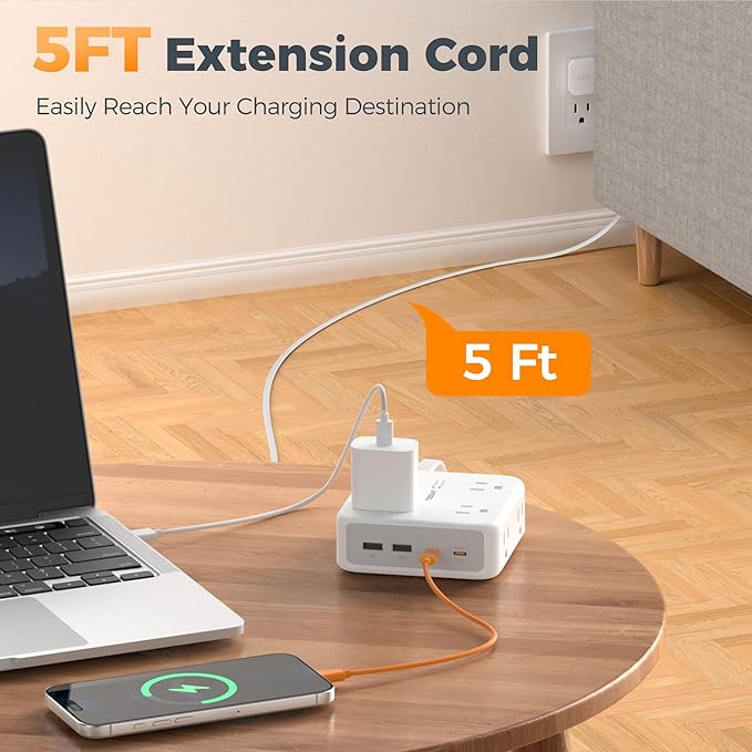TESSAN Surge Protector Power Strip, 5 Ft Extension Cord Flat Wall Plug with 4 USB (2 USB C) 8 Outlets, 2100J Protection, 1875W 15A, 20W Multiple Desk Charging Station for Home, Office, Dorm Room