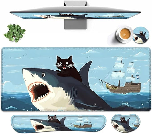 Large Mouse pad and Keyboard Support Set, Ergonomic Memory Foam Keyboard Wrist Rest, Extended Gaming Mouse Pad with Stitched Edges, Cute Cat Riding Shark XXL Desk Mat (31.5 X 11.8 in)