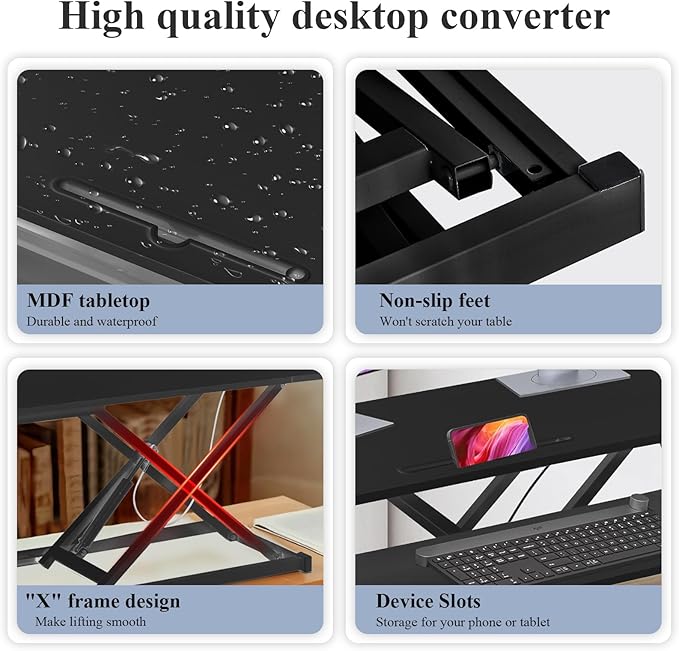 37" Desk Converter, Height Adjustable Stand Up Desk Converter, 2 Monitor Standing, Sit to Stand, Quick Sit to Tabletop, Riser Workstation with Wide Keyboard Tray