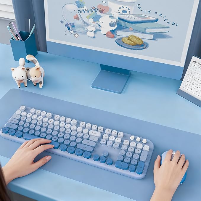 Wireless Keyboard and Mouse Combo, 2.4GHZ Typewriter Retro Full Size Keyboards, Cute Colorful Computer Keyboard and Wireless Mouse for Laptop/Desktop/Windows/PC (Blue Gradient)