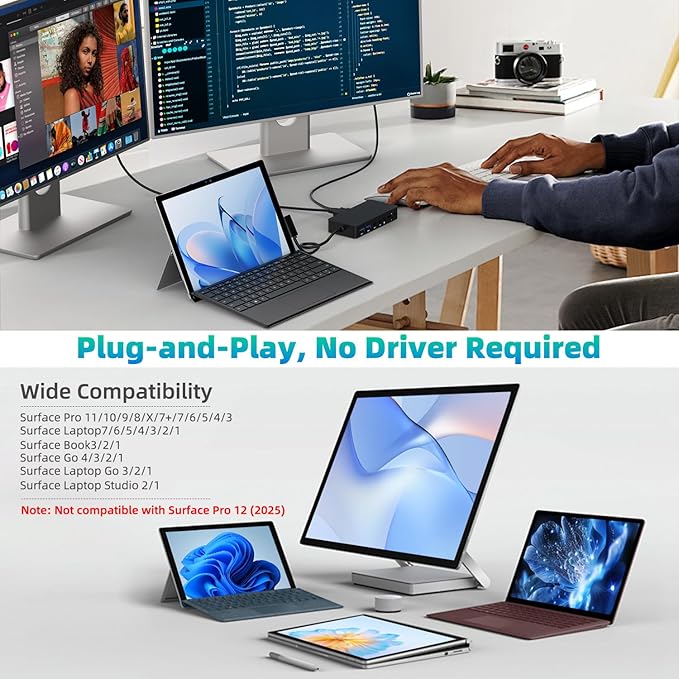 New Surface Docking Station, 12-in-1 Surface Dock 4K@60Hz Triple Display with HDMI, USB-C, DisplayPort for Surface Pro 11/10/9/8/X/7/6/5/4/3, Surface Laptop 7/6/5/4/3/2/1, Surface Book & Go
