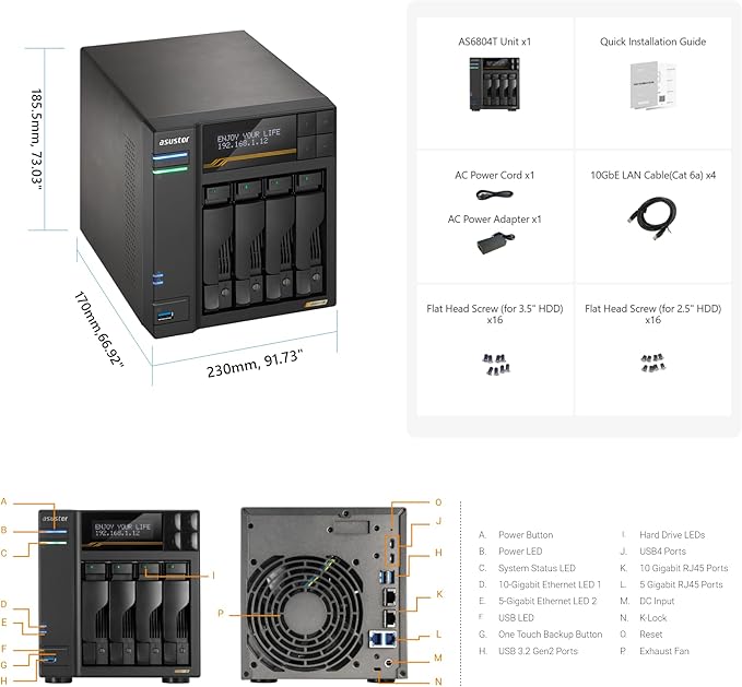 Asustor Lockerstor 4 Gen3 AS6804T, 4 Bay NAS, AMD Ryzen Quad-Core 2.3GHz, 16GB ECC DDR5, 4 M.2 NVMe Slots, Dual 5GbE & 10GbE Port, Network Attached Storage for Video & Content Creators (Diskless)