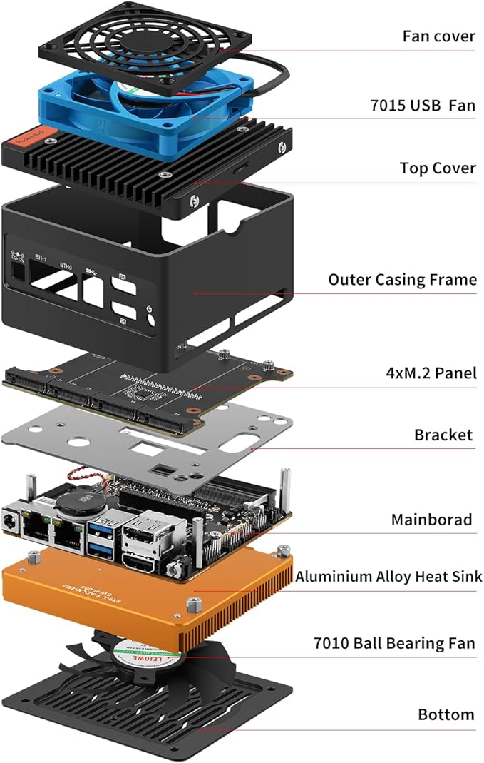 4-Bay NAS Twin Lake N355(8C/8T,up to 3.9 GHz),4X M.2 NVMe Slot Mini NAS Server with Dual i226-V 2.5GbE LAN,Dual HDMI 2.0,USB3.2 Gen2,Support BT5.4/WiFi6/WiFi7 Pocket PC (Intel N355, NO RAM NO SSD)