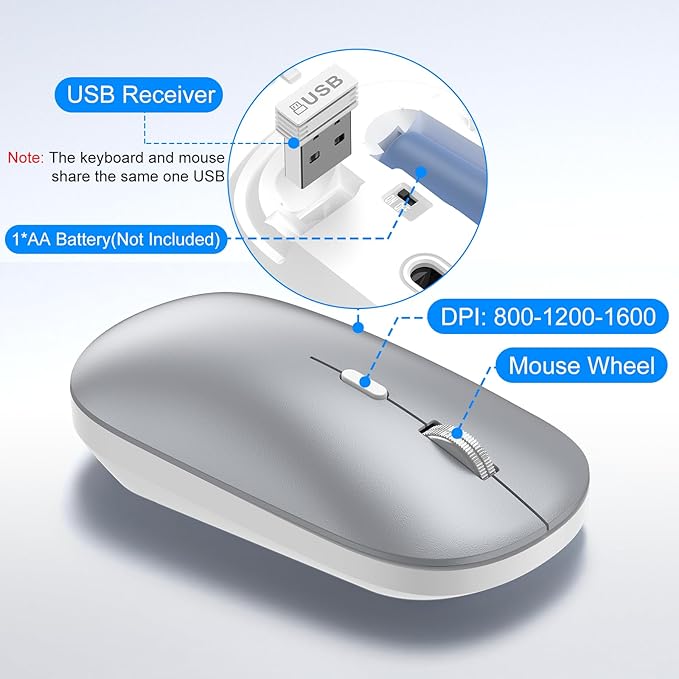 Wireless Keyboard and Mouse Combo, Full Size Keyboard and Mouse, Long Battery Life, Optical Mouse, 2.4G Lag-Free Cordless Mice Keyboard Set Ultra Slim Design for Computer, Laptop, PC, Windows (Silver)