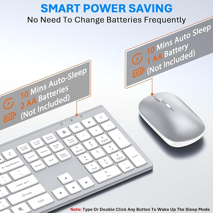 Wireless Keyboard and Mouse Combo, Full Size Keyboard and Mouse, Long Battery Life, Optical Mouse, 2.4G Lag-Free Cordless Mice Keyboard Set Ultra Slim Design for Computer, Laptop, PC, Windows (Silver)