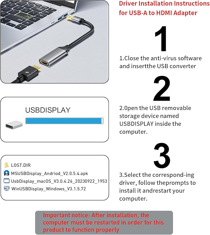 Reborn USB to HDMI Adapter, 1080P@60Hz USB 3.0 Male to HDMI Female Multi-Display Cable Converter Suitable for Macos Windows 7/8/10/11 - Driver Installation is Required