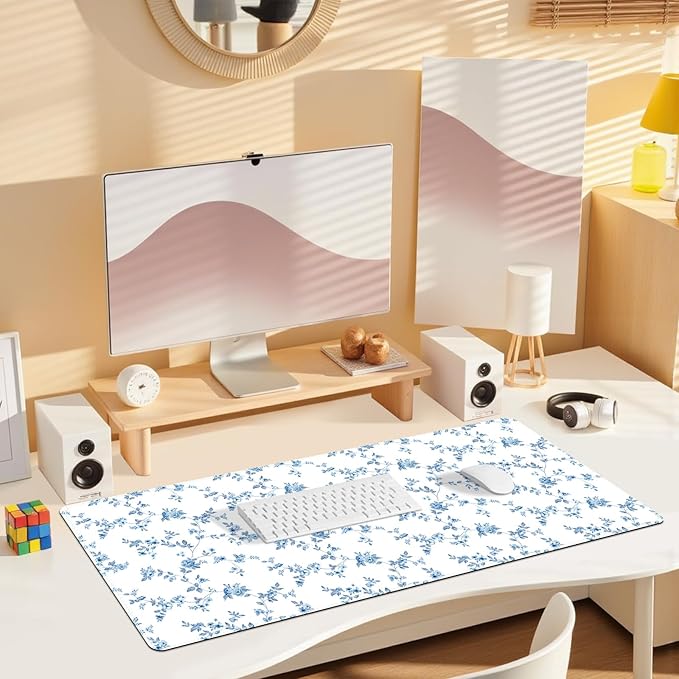 Mouse Pad, Cute Cool XXL Large Desk Mat for Desk Cover, Anti-Slip Big Mousepad with Stitched Edges, Keyboard Mat for Computer Desktop Table Protector I Delicate Blue Blossom
