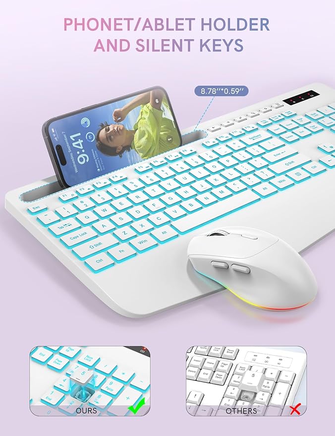 Trueque Wireless Keyboard and Mouse Combo with 7 Colored Backlits, Wrist Rest, Rechargeable Ergonomic Keyboard with Phone Holder, Silent Lighted Full Size Combo for Windows, PC, Laptop (Cloud White)