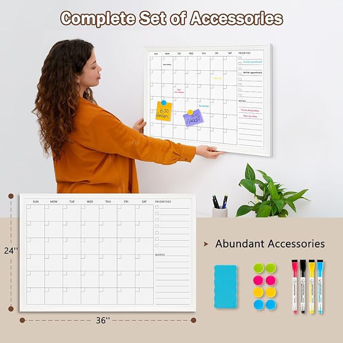 DOLLAR BOSS Magnetic White Board Calendar 36''x 24'', Monthly Dry Erase Planner for Wall with White Wood Style Frame for Office, School, Dorm, Home Decor