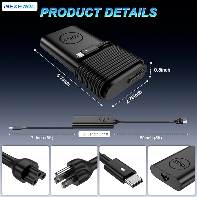 130W USB C Laptop Charger Compatible with Dell XPS 15 17 2in1 9575 9500 9520 9700 Precision 3560 5550 5530 5750 5560 5570 Latitude 9510 9410 7210 7310 7410 5510Type C AC Adapter Power Cord