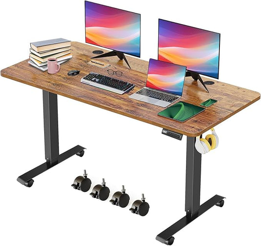 Electric Standing Desk, 48'' X 24'' Adjustable Height Desk, Ergonomic Home Office Computer Workstations, 27''-46'' Lifting Range Stand Up Desk with Wheels and Double Hooks, Easy to Move(Brown)