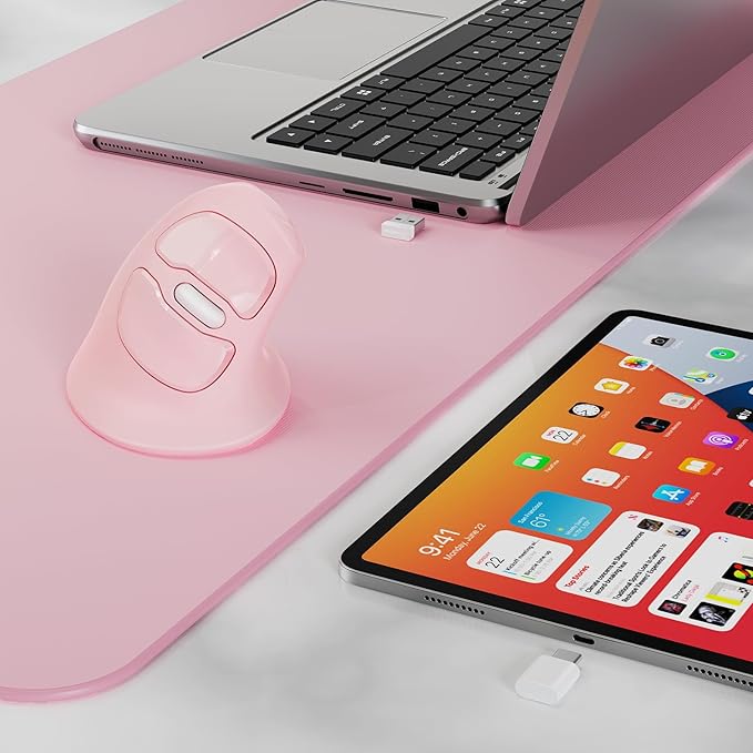 MicroPack Ergonomic Vertical Wireless Mouse, Silent Cordless Office Mouse with USB-A & Type-C Receiver, 800/1200/1600 DPI, 6 Buttons, Reduces Wrist Strain for Work, Windows, Mac, PC & Laptop Pink
