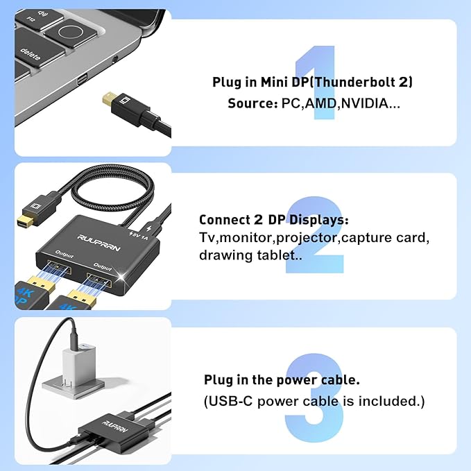 Mini DisplayPort to Dual DisplayPort Adapter,4K60Hz Thunderbolt 2 Male to 2 DP Female Splitter Extended Display Adapter, Mini DP 1.4 Spitter for MacBook Air/Pro,Mac mini,Surface Pro/Dock