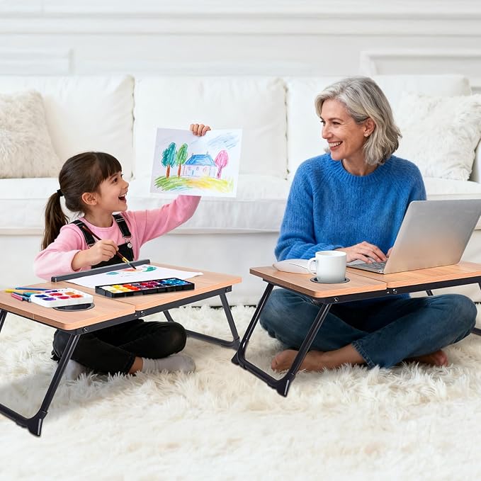 XXL Adjustable Lap Desk - Sturdy Portable Foldable Laptop Desk for Bed & Sofa, Height Adjustable Laptop Bed Stand, Ergonomic Lap Table for Adults Work, Writing and Gaming (Wood)