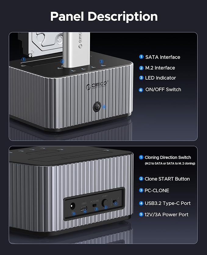 ORICO Hard Drive Docking Station 10Gbps for NVMe SSD & SATA 3.5 HDD with Bidirectional Cloning Type-C Hybrid Docking Station with Independent Aluminum Heat Sink
