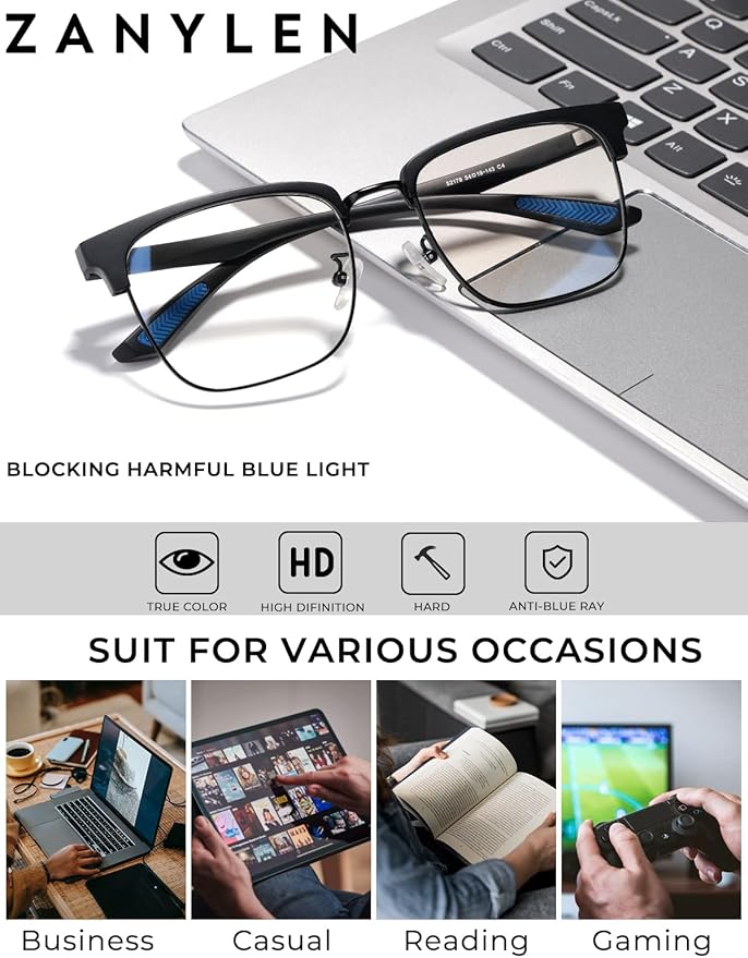 Blue Light Glasses Men Rectangle Large Browline Computer Gaming Glasses