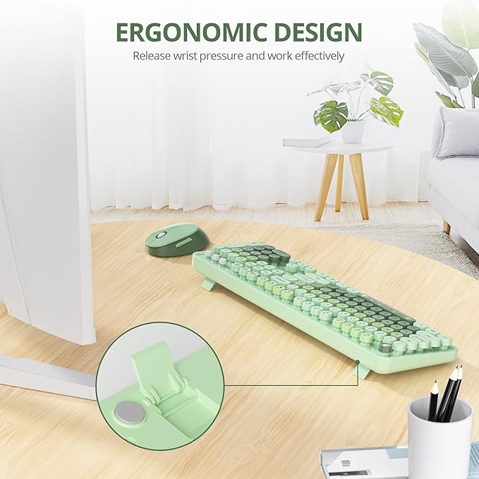 Cute Green Keyboard and Mouse Combo Wireless, 2.4G Full Size 104-Key Retro Typewriter Keyboards Round Keys for Students Teenagers Home Office PC Laptop(Light Green)