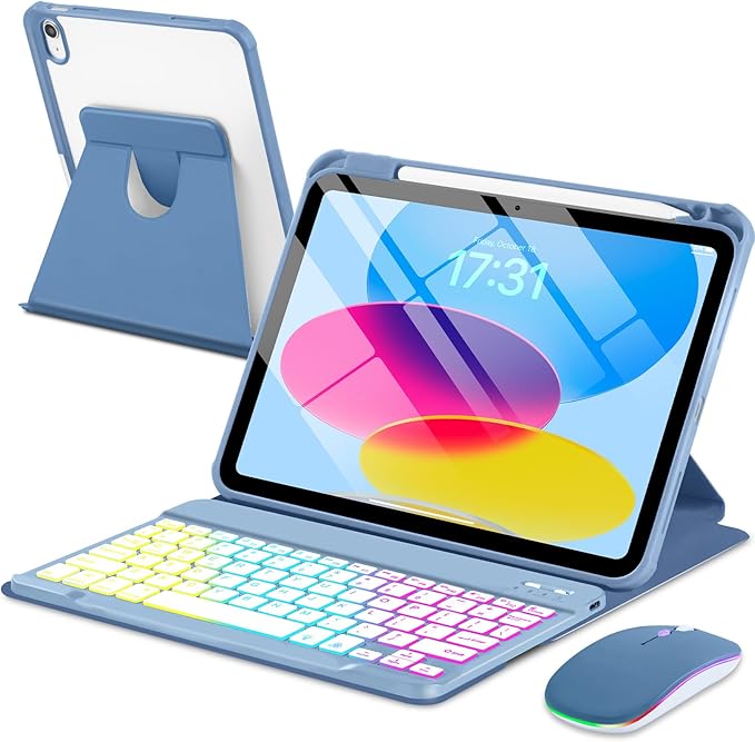 Case with Keyboard Mouse for iPad A16 11th 10th Generation 11/10.9 inch,Rainbow Backlit Detachable Keypad Rotatable Magnetic Cover with Pencil Holder for iPad 11 2025 10 Gen 2022 Blue