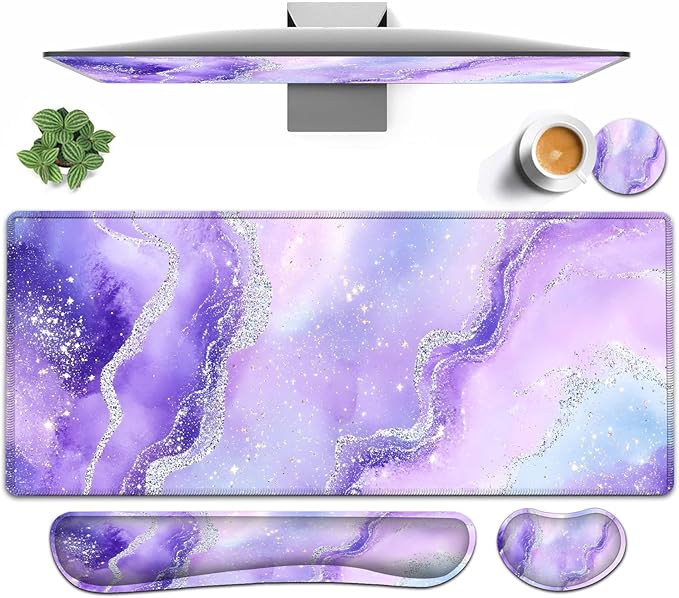 Large Mouse pad and Keyboard Support Set, Ergonomic Memory Foam Keyboard Wrist Rest, Extended Gaming Mouse Pad with Stitched Edges, Purple Glitter Agate XXL Desk Mat (31.5 X 11.8 in)