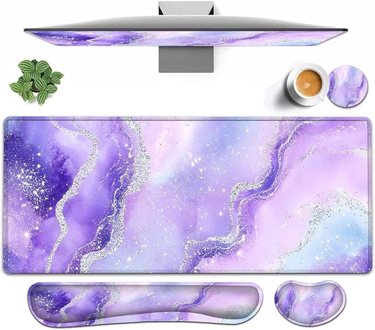 Large Mouse pad and Keyboard Support Set, Ergonomic Memory Foam Keyboard Wrist Rest, Extended Gaming Mouse Pad with Stitched Edges, Purple Glitter Agate XXL Desk Mat (31.5 X 11.8 in)