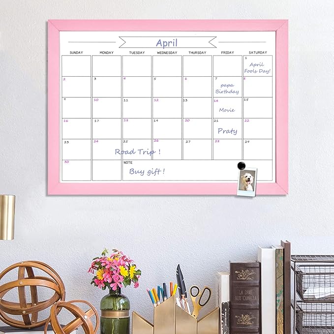 TORASO Dry Erase Monthly Calendar Board, Magnetic Whiteboard for Wall, Office/School/Home, Solid Wood Pink Frame Hanging Board 10.5"x 14.5"(YL-Pink-2737-B)