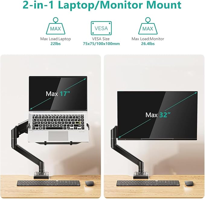 WALI Single Arm Laptop and Monitor Desk Mount for 17" Notebook and Single Screen, 2-in-1 Adjustable Gas Spring Monitor Arm with Laptop Tray, VESA 75x75 100x100,Holds 22-26.4 lbs, Black (GSMP001NLP)