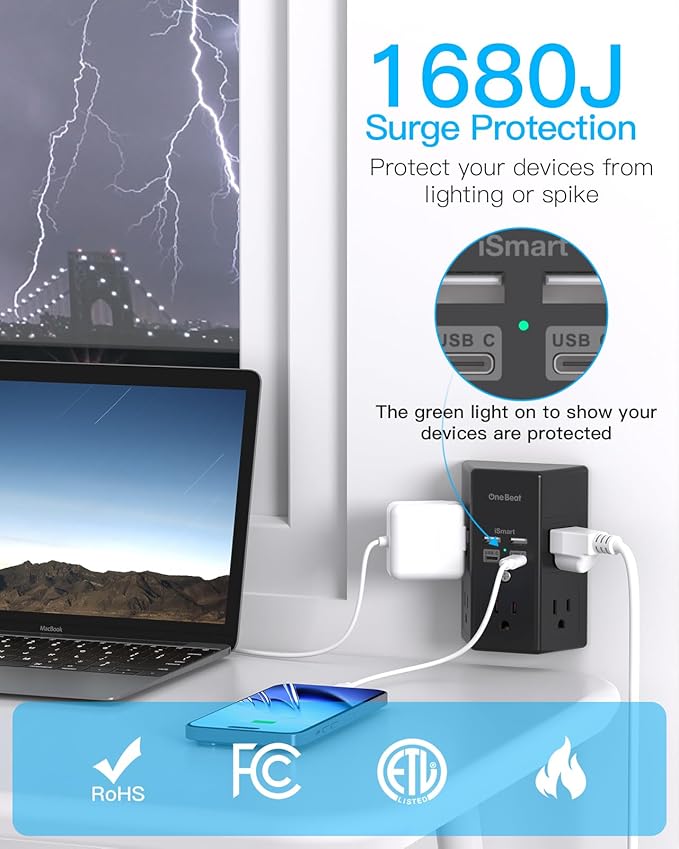 2 Pack Surge Protector, 5 Outlets Extender with 4 USB Ports(USB C), 3-Side 1680J Power Strip Multi Plug Outlet Expander, USB Wall Charger, Outlet Splitter Adapter Wall Mount for Home Office ETL Listed