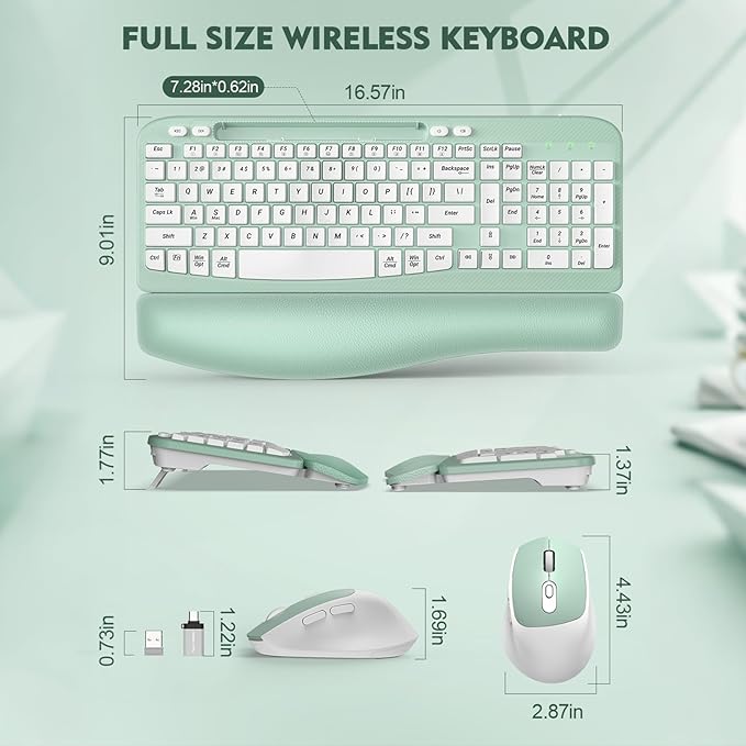 Wireless Keyboard and Mouse Combo, Wave Keys Full-Sized Ergonomic Keyboard with Cushioned Plam Rest, Phone Holder, Comfortable Natural Typing, 2.4G Cordless Set for Computer, Laptop, Pc, Mac, Windows