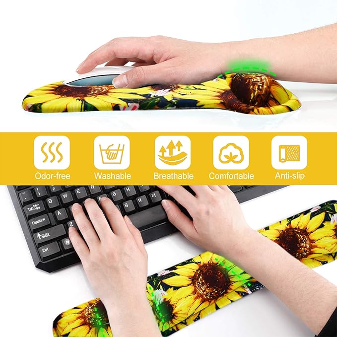 ToLuLu Keyboard Mouse Pad Wrist Rest Set, Gel Ergonomic Mouse Pads for Computer Laptop Office Home, Comfortable Mousepad Keyboard Wrist Support Memory Foam for Easy Typing Pain Relief, Nice Sunflower