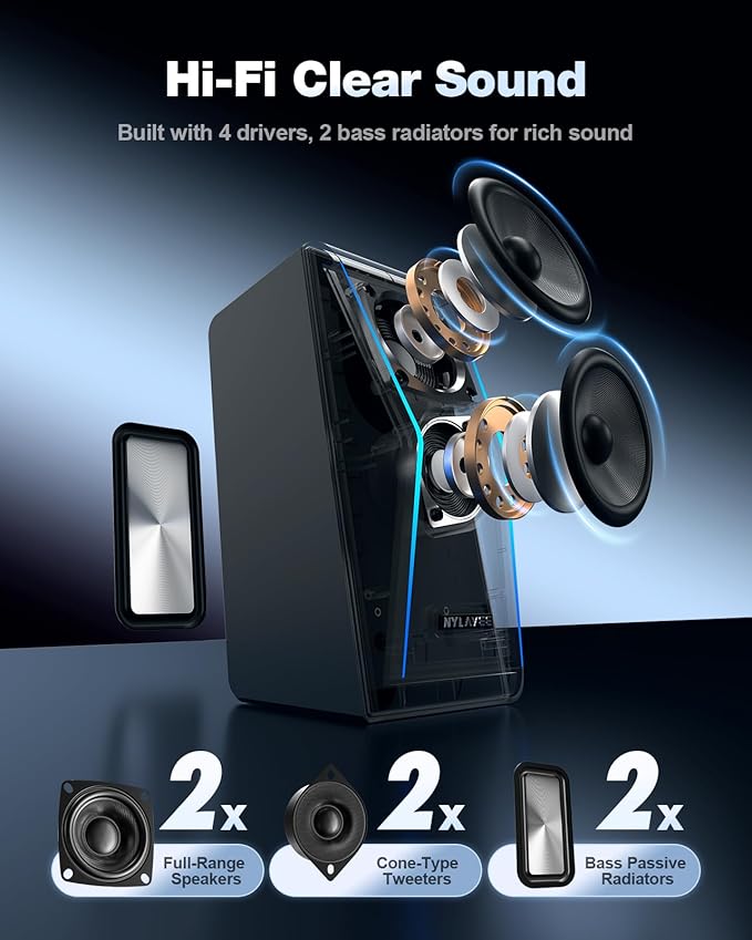 Nylavee Computer Speakers, Hi-Fi Stereo Sound PC Speakers with Bluetooth 5.0 and 3.5mm AUX-in, 14W AC Powered, Built-in Equalizer Modes and RGB Lights for Desktop PC, Monitor, Laptop, PS5, Xbox