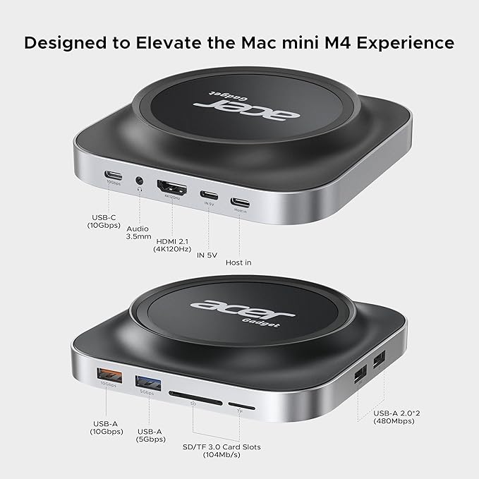 Acer Gadget Mac Mini M4 Dock, 8TB M.2 NVMe/SATA SSD Enclosure & Stand, 4K@144Hz HDMI, 10Gbps USB-C & USB-A Hub, SD/TF Card Reader, 3.5mm Audio, Aluminum Docking Station for Mac Mini M4 & M4 Pro, Black