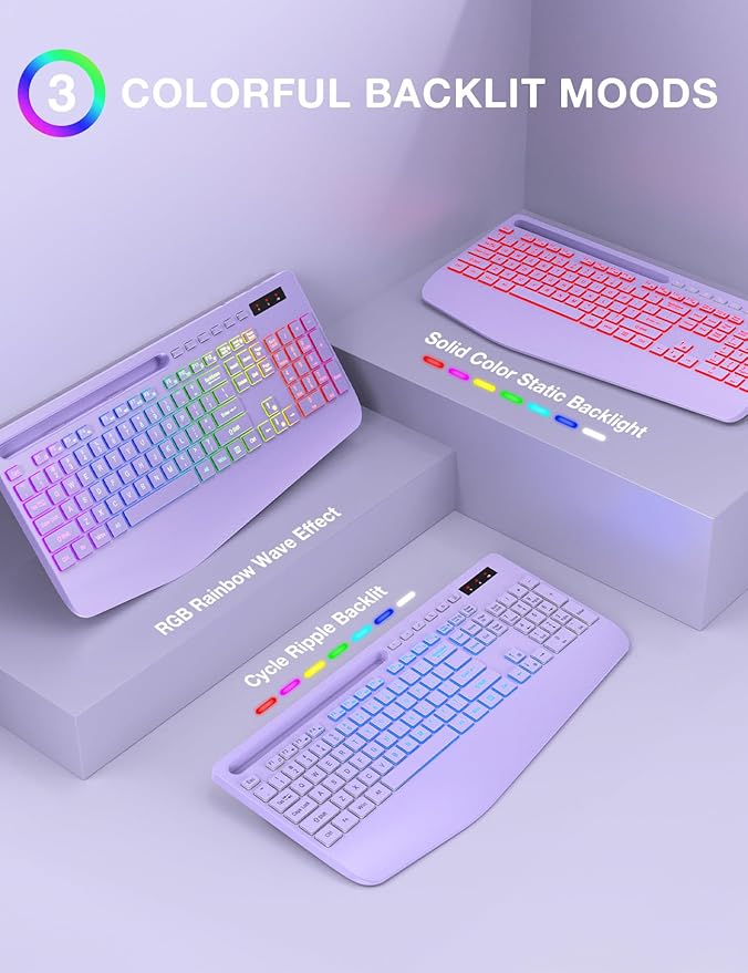 SABLUTE Wireless Keyboard and Mouse Combo, 9 Backlit Effects, Wrist Rest, Phone Holder, 2.4G Lag-Free Ergonomic Keyboards, KM22 MAX Rechargeable Silent Set for Computer, Laptop, Mac, Windows（Purple）