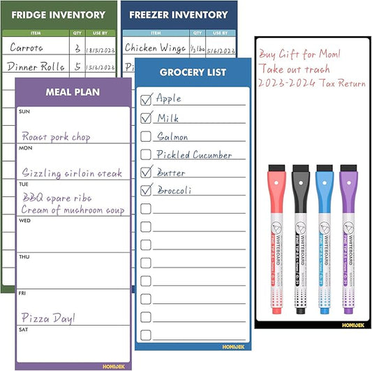 Magnetic White Board for Fridge - Dry Erase Meal Planner for Refrigerator - Weekly Menu Board, Grocery List, Memo Pad, Fridge and Freezer Inventory List - Kitchen Whiteboard with 4 Markers - 4" x 10"