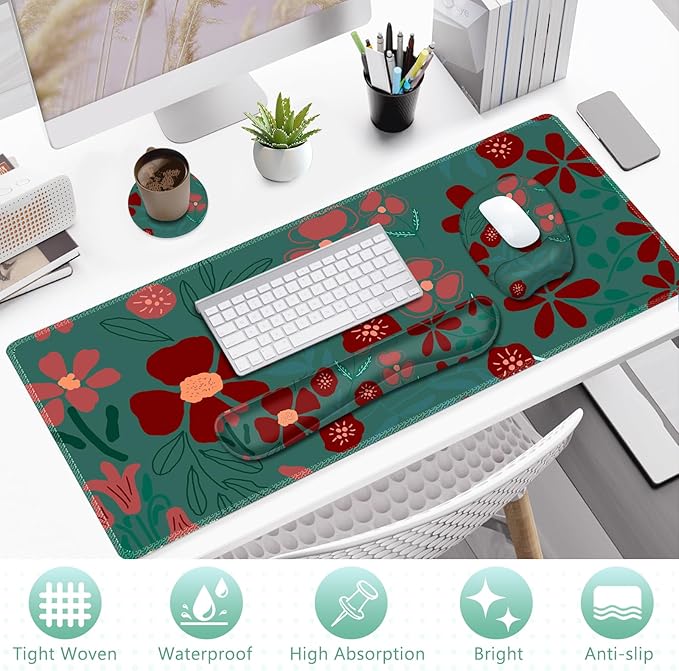 Large Mouse Pad with Wrist Support 4 in1 Set, XXL Big Game Mousepad + Keyboard Wrist Rest+Mouse Wrist Rest+Coaster Ergonomic Design Gaming Mat for Home Office Table Computer I Green Flowers